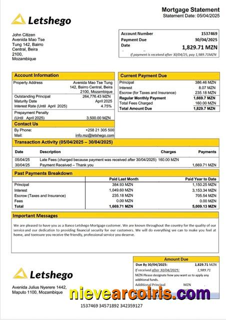 Mozambique Banco Letshego mortgage statement Word and PDF template